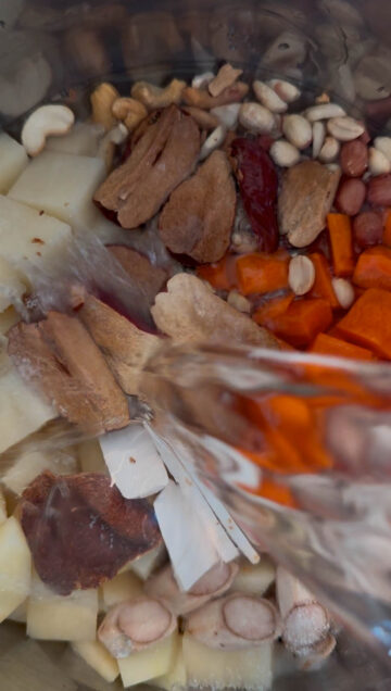 Ingredients to make burdock root soup in the inner pot of an Instant Pot, with water being added.