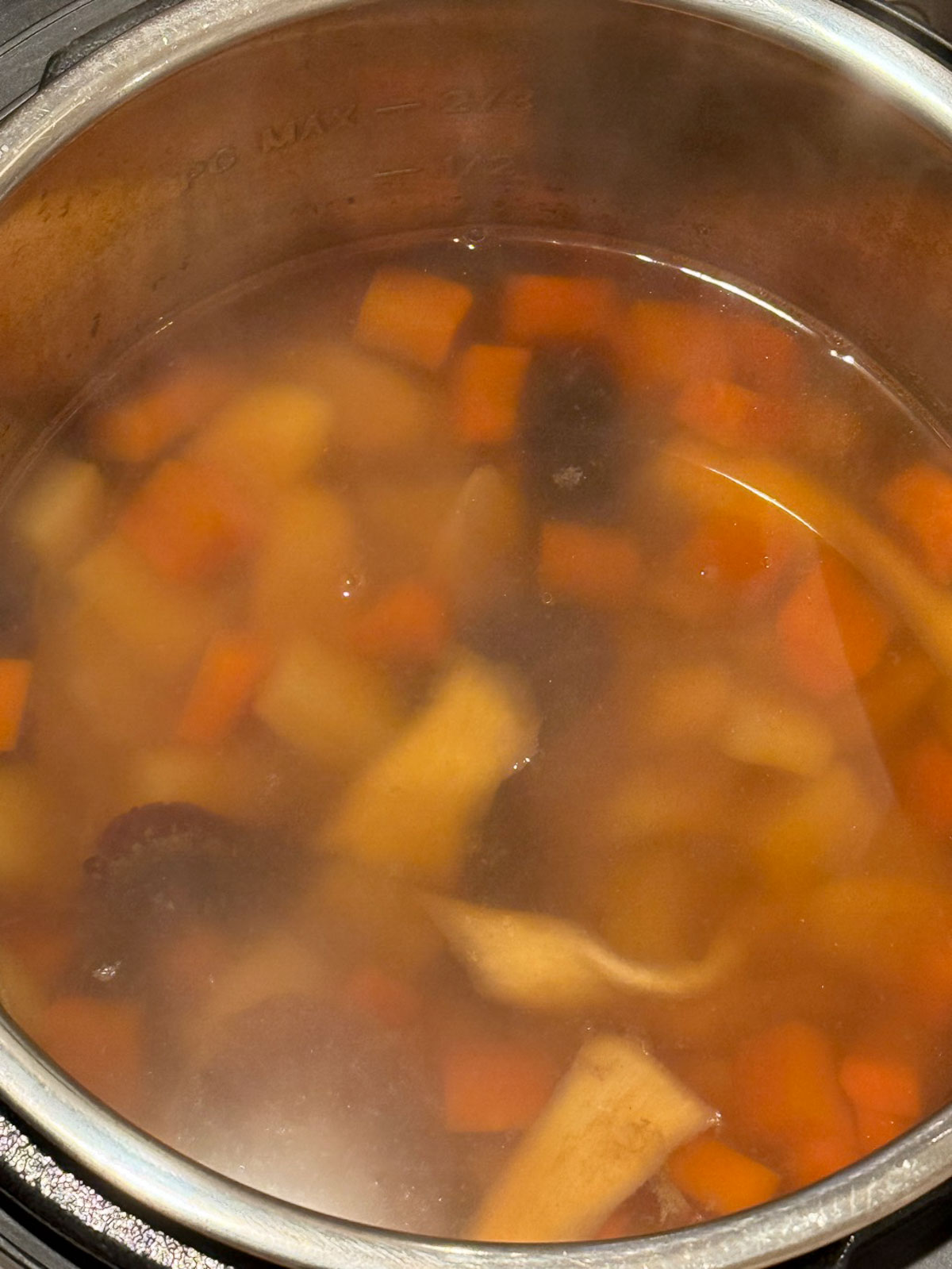 An overhead look of finished burdock root soup inside an Instant Pot.