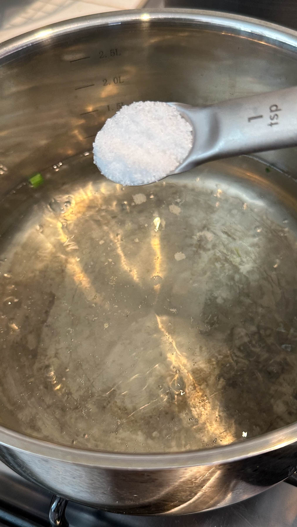 A teaspoon of salt is held over a pot of water on the stove.