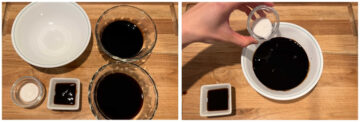 Left: Sweet soy sauce ingredients—light and dark soy sauce, sugar, and vegetarian oyster sauce—in bowls. Right: Sugar being poured into a bowl of soy sauce.