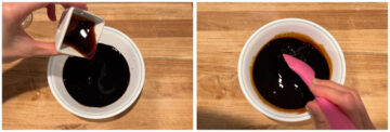 Left: Vegetarian oyster sauce being poured into a bowl of light and dark soy sauce. Right: A hand stirring the dark sauce in the bowl with a pink spatula.