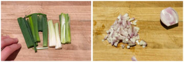Left: Sliced green onions. Right: Chopped shallot and a halved shallot.
