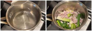 Left: A pot on the stove, with oil being added. Right: The same pot filled with chopped green onions and shallots.