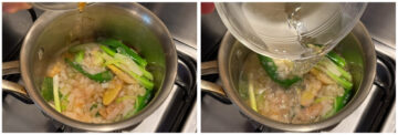 Left: Shaoxing wine being added to a pot on the stove, filled with chopped green onions, shallots and ginger. Right: Water being added to the same pot.