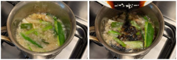 Left: A pot filled with chopped green onions, shallots, ginger, Shaoxing wine and water, boiling on the stove. Right: Soy sauce mixture being poured into the same pot.