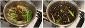 Two photos of sweet soy sauce being cooked in a pot on the stove, from not boiling on the left to boiling on the right.