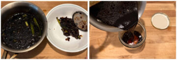 Left: Cooked sweet soy sauce in a pot and sauce ingredients being filtered out into a bowl using a mesh skimmer. Right: Filtered sweet soy sauce being poured into a glass jar on a wooden surface.