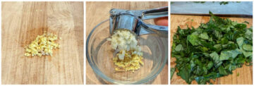 A three-image collage of minced ginger, crushed garlic using a garlic press, and chopped basil leaves on a wooden surface.