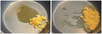 Left: Oil with minced garlic and ginger in a pan. Right: Sautéed garlic and ginger in oil in the same pan.