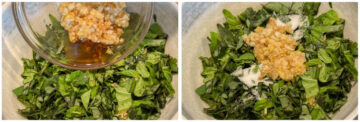Left: Adding sautéed garlic and ginger to a bowl of chopped basil leaves. Right: Adding salt and sugar to the same bowl of ingredients.