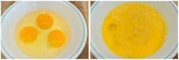 Left: Cracked, whole eggs in a bowl. Right: Beaten eggs in the same bowl.
