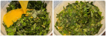 A two-image collage showing beaten eggs being poured and mixed with chopped basil leaves in a bowl.
