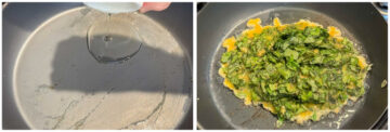 Left: Oil being poured into a frying pan. Right: Basil omelette mixture cooking in the same pan.