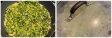 Left: Basil omelette cooking in a frying pan. Right: The pan covered with a fogged glass lid.