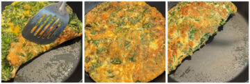 A three-image collage showing basil omelette being cooked, flipped, and checked for doneness.