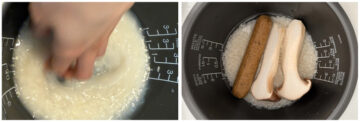 Left: Hand stirring white rice in water in a rice cooker pot. Right: Vegan sausage and king oyster mushrooms on top of uncooked white rice in a rice cooker pot.