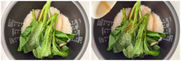 A two-image collage showing uncooked gai lan on top of cooked rice in a rice cooker pot, with sesame oil being poured in from the top.