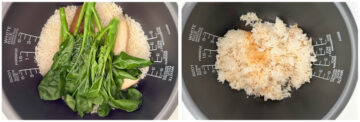 Left: Cooked gai lan on top of cooked white rice in a rice cooker pot. Right: Cooked white rice in the same rice cooker pot.