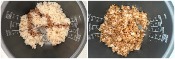 Left: Drizzles of sweet soy sauce over cooked white rice in a rice cooker pot. Right: Evenly brown, sweet soy sauce-mixed rice.