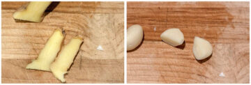Left: Two slices of ginger. Right: Two garlic cloves, one of them cut in half.