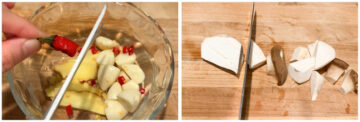 Left: Cutting Thai chili peppers with a pair of scissors, over a bowl with chopped garlic and ginger slices. Right: A pair of knife slicing mushrooms on a wooden cutting board.