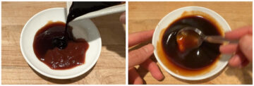 Two images showing three cup sauce ingredients being added to a small mixing bowl and mixed.
