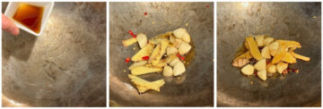 A three-image collage showing ginger slices, garlic halves, and chili peppers frying in sesame oil in a wok.