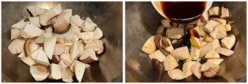 Left: Chopped mushrooms in a wok. Right: Pouring three cup sauce onto chopped mushrooms.
