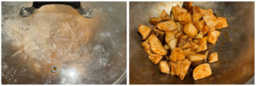 Chopped mushrooms cooking in the sauce.