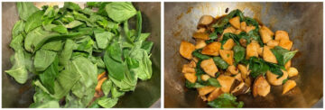 Left: Adding fresh basil leaves to the cooked mushrooms. Right: Cooked mushrooms and basil leaves in the wok.