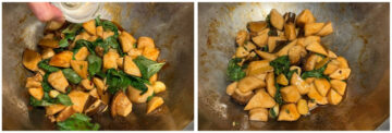 Left: Adding rice cooking wine to the cooked mushrooms and basil leaves. Right: Finished dish in the wok.