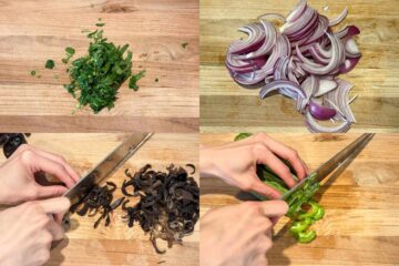 A four-image collage showing chopped cilantro, sliced red onion, hands slicing woodear mushrooms and bitter melon on a wooden cutting board.