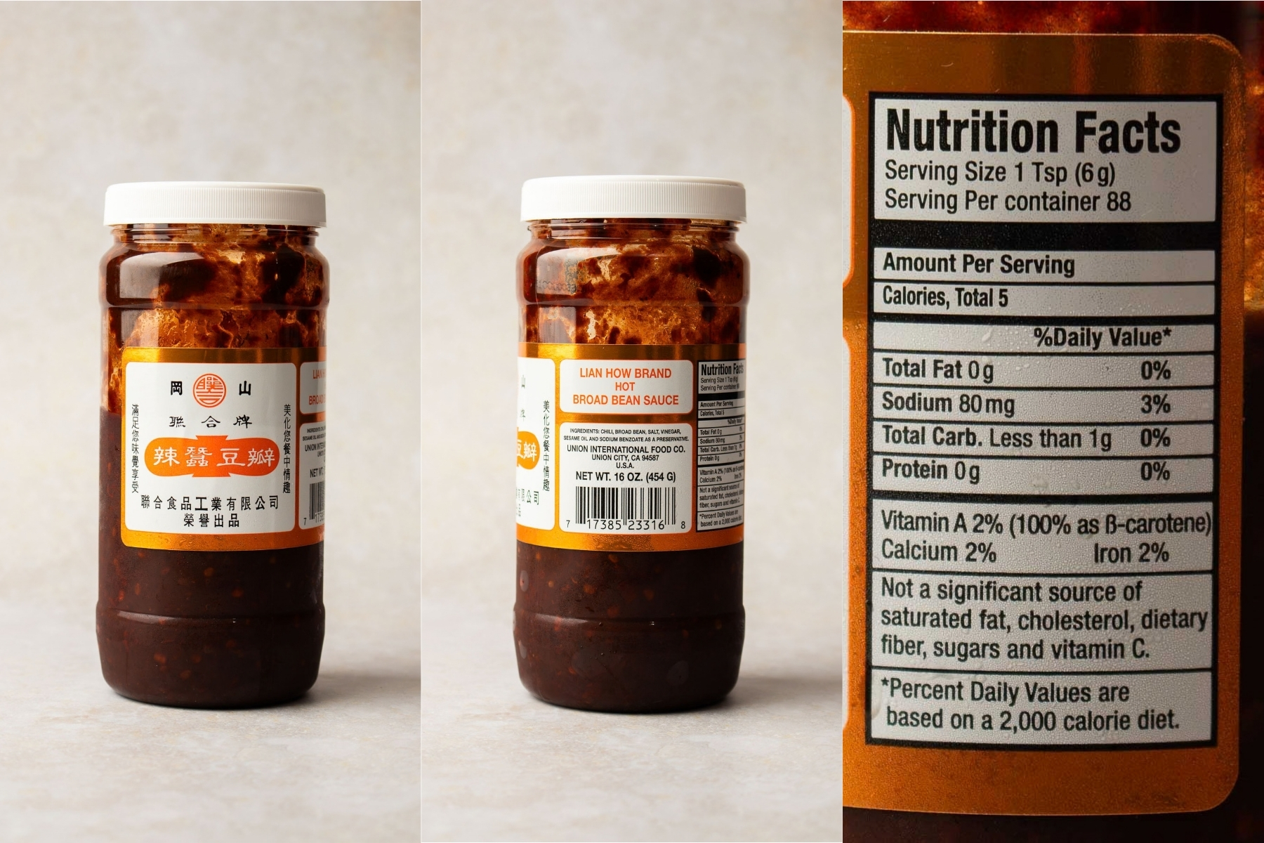Three views of a jar of Lian How brand Hot Broad Bean Sauce, including its Chinese name, English name, and nutritional facts label.