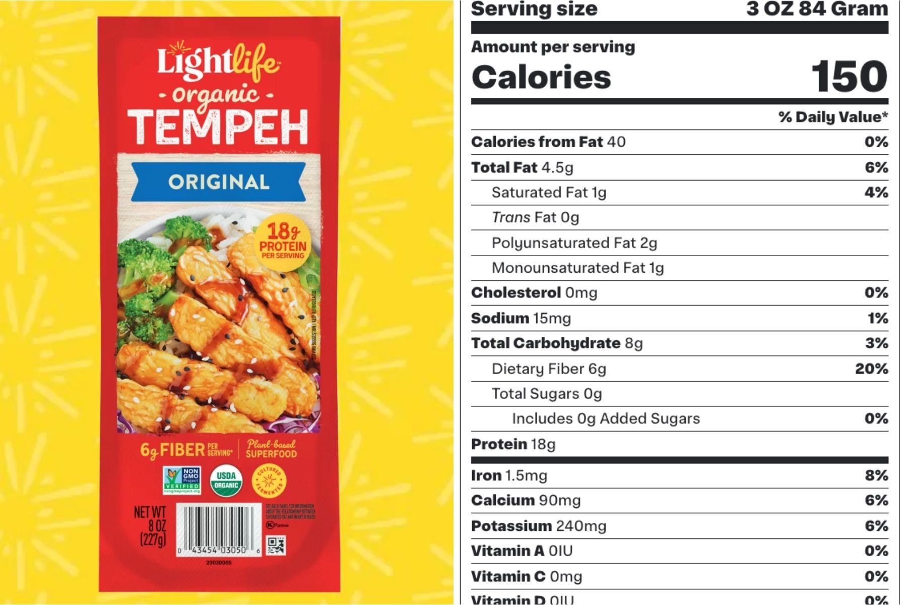Lightlife organic tempeh package and its nutrition facts label, showing 150 calories and 18g protein per serving.