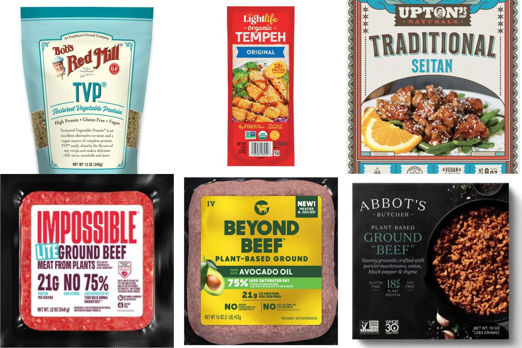A collage of six kinds of plant-based meat alternatives, including Textured Vegetable Protein (TVP), tempeh, seitan, and three different ground beef products.