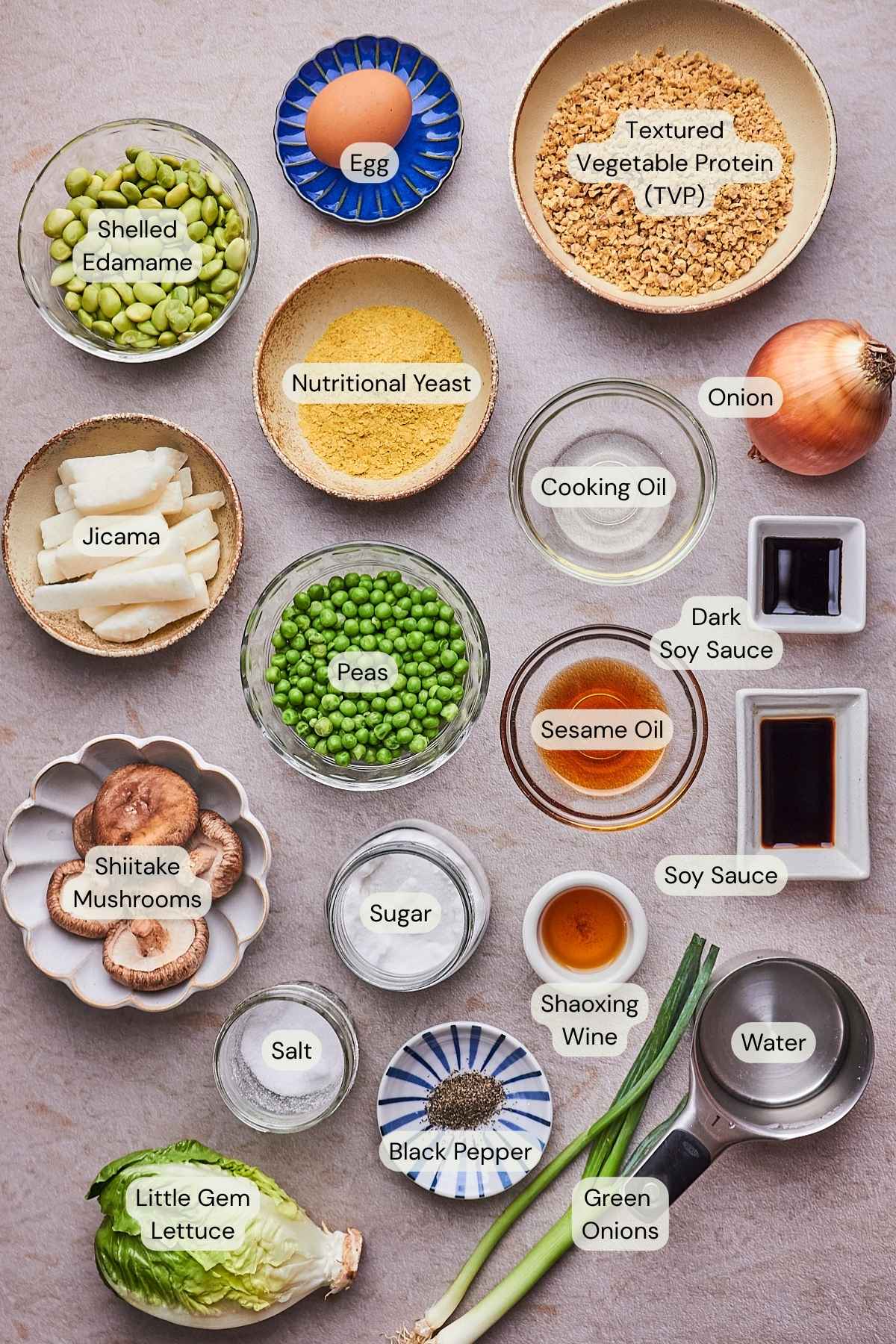 A flat lay of labeled ingredients needed to make Vegetarian Lettuce Wraps.
