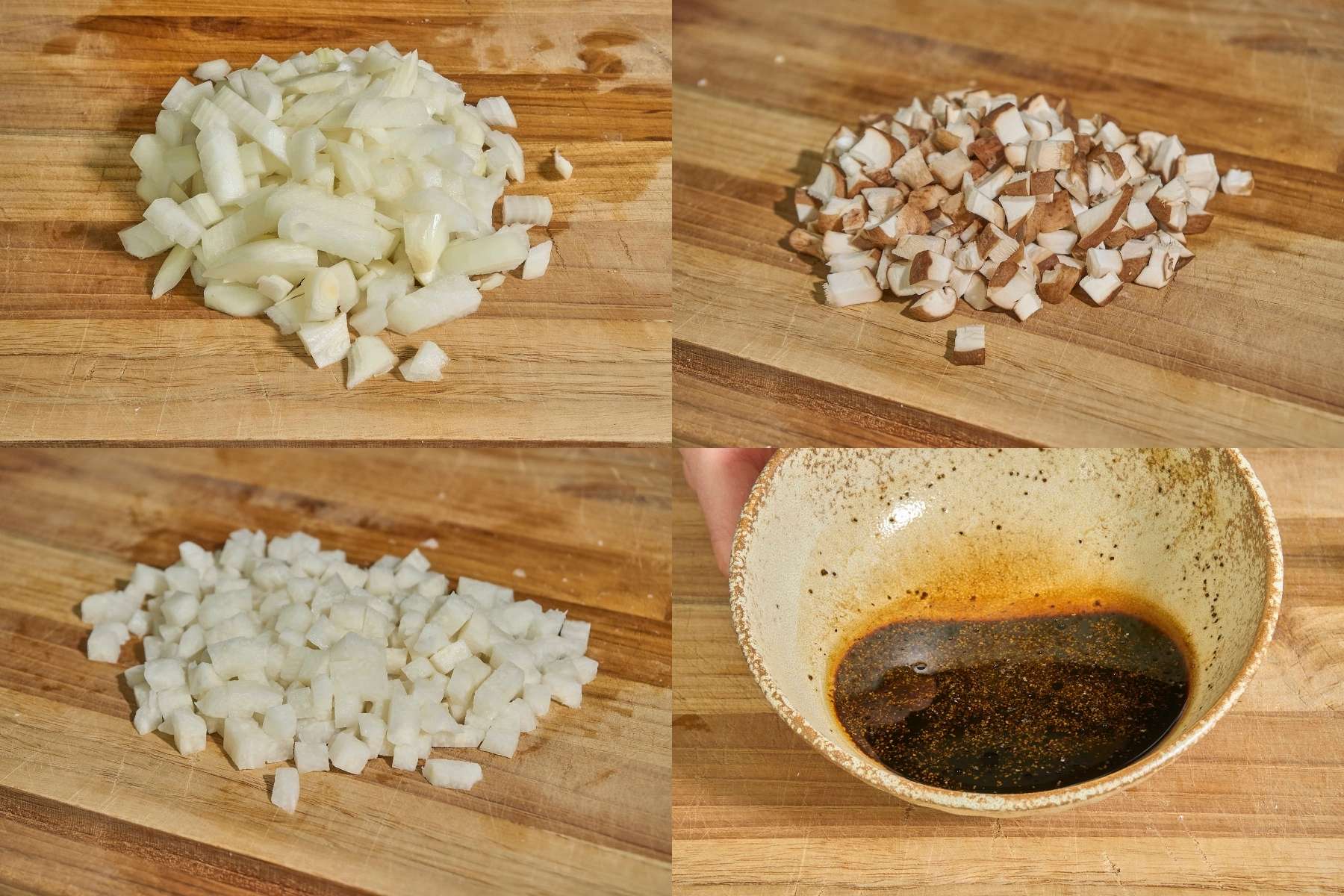 A four-image collage (top left to bottom right): diced onions, diced shiitake mushrooms, diced jicama, and a bowl of prepared sauce.