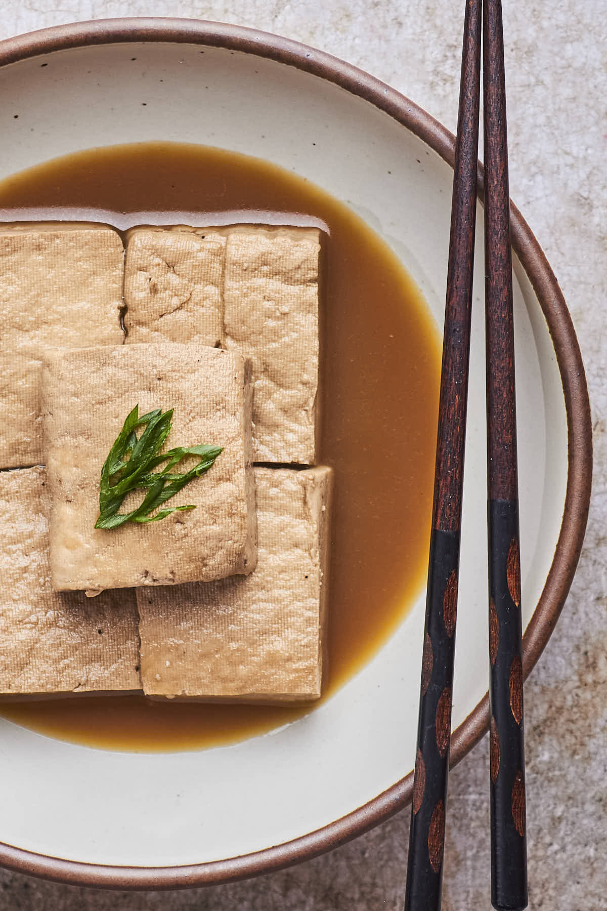 Five braised tofu slice served with broth and garnished with green onions, on a round plate with chopsticks on the side.