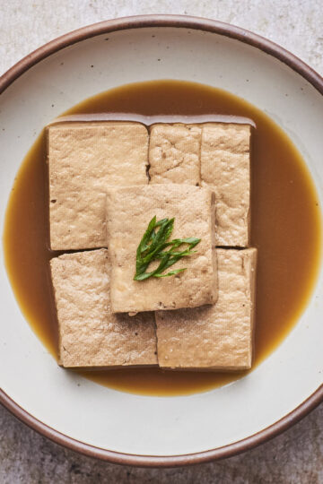 Five braised tofu slice served with broth and garnished with green onions, on a round white plate.