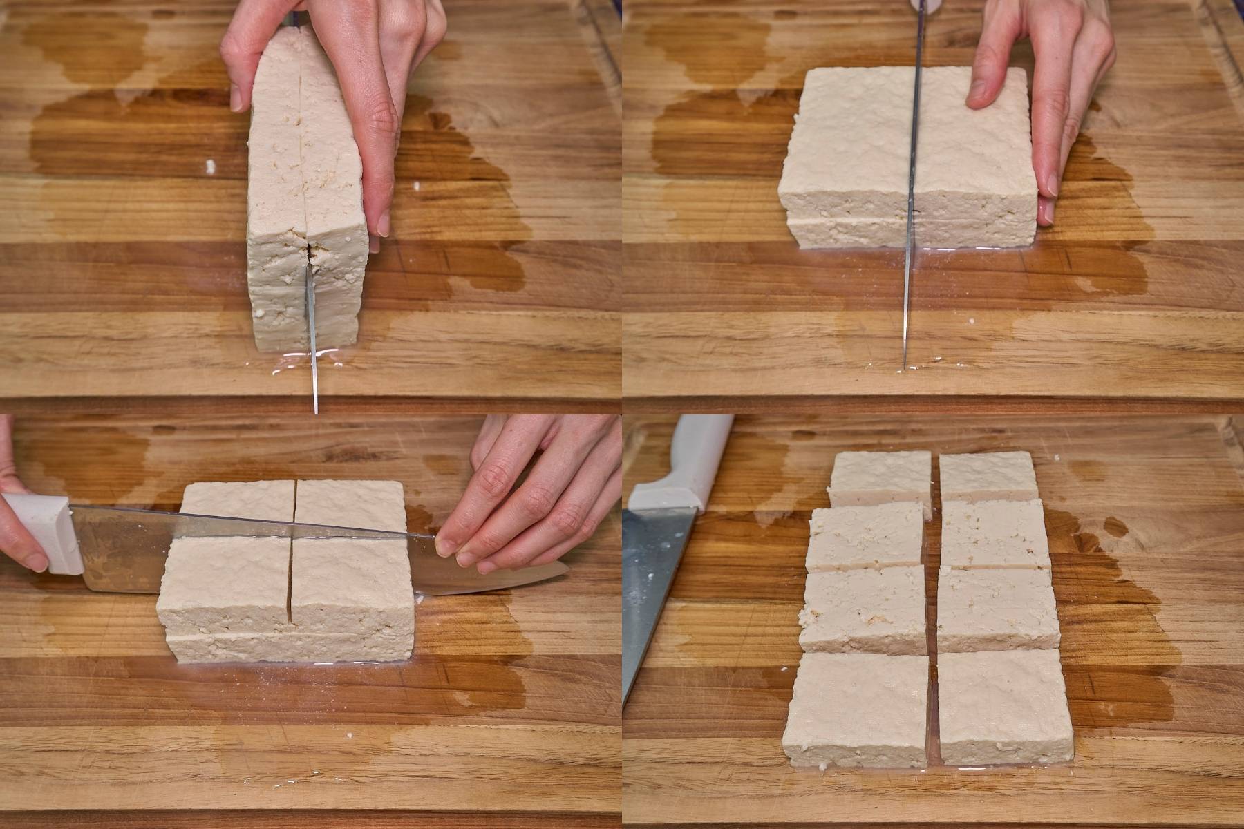 Four steps of slicing a tofu block into four pieces on a wooden cutting board with a knife.